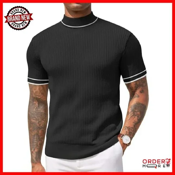 Men's Mock Turtleneck Sweater Short Sleeve Ribbed Knit Pullover